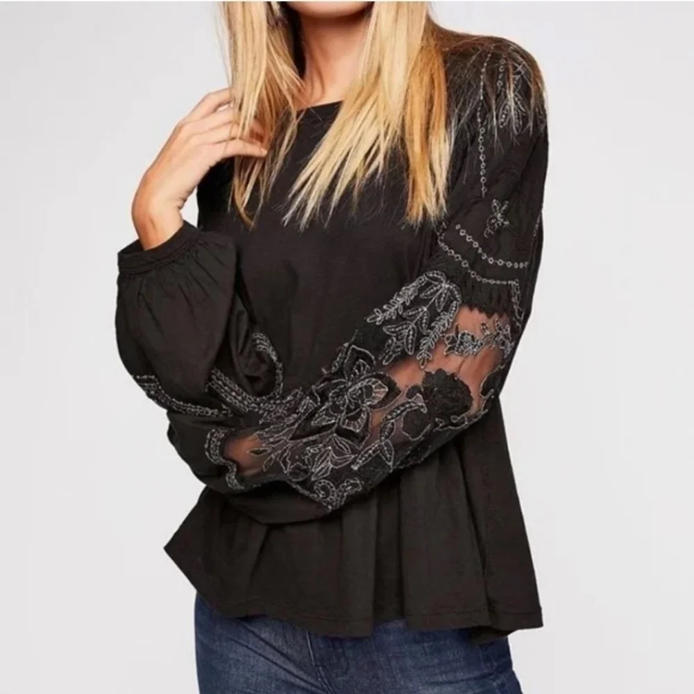 Free People Bewitched Boho Black puff sleeve peplum top small